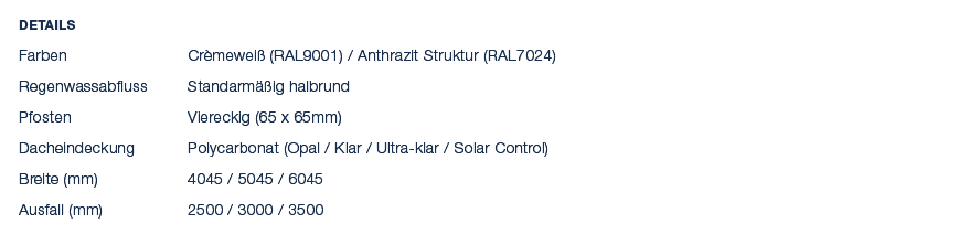 Details Farben Cr mewei (RAL9001) / Anthrazit Struktur (RAL7024) Regenwassabfluss Standarm  ig halbrund Pfosten Vier...