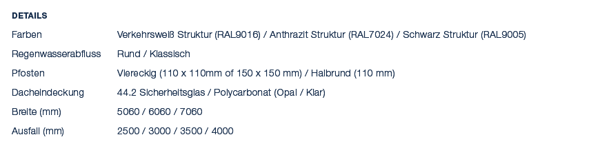 Details Farben Verkehrswei Struktur (RAL9016) / Anthrazit Struktur (RAL7024) / Schwarz Struktur (RAL9005) Regenwasse...