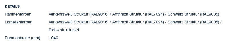 Details Rahmenfarben Verkehrswei Struktur (RAL9016) / Anthrazit Struktur (RAL7024) / Schwarz Struktur (RAL9005) Lame...