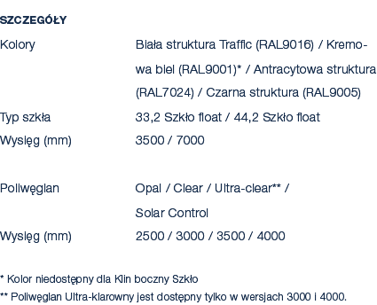 Szczeg y Kolory Bia a struktura Traffic (RAL9016) / Kremowa biel (RAL9001)* / Antracytowa struktura (RAL7024) / Czar...
