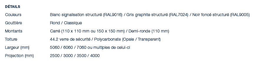 D tails Couleurs Blanc signalisation structur (RAL9016) / Gris graphite structur  (RAL7024) / Noir fonc  structur  (...