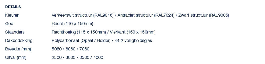 Details Kleuren Verkeerswit structuur (RAL9016) / Antraciet structuur (RAL7024) / Zwart structuur (RAL9005) Goot Rech...