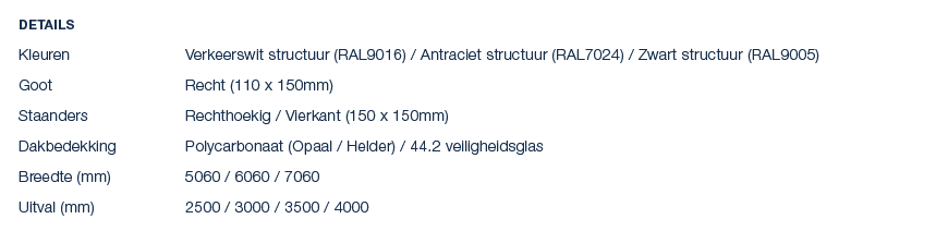Details Kleuren Verkeerswit structuur (RAL9016) / Antraciet structuur (RAL7024) / Zwart structuur (RAL9005) Goot Rech...