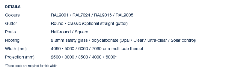 Details Colours RAL9001 / RAL7024 / RAL9016 / RAL9005 Gutter Round / Classic (Optional straight gutter) Posts Half ro...