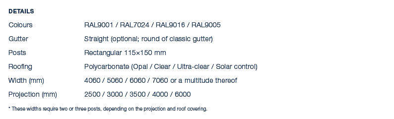 Details Colours RAL9001 / RAL7024 / RAL9016 / RAL9005 Gutter Straight (optional; round of classic gutter) Posts Recta...