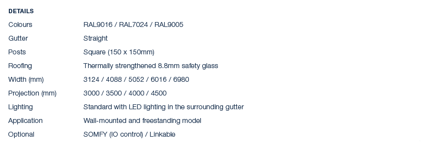 Details Colours RAL9016 / RAL7024 / RAL9005 Gutter Straight Posts Square (150 x 150mm) Roofing Thermally strengthened...