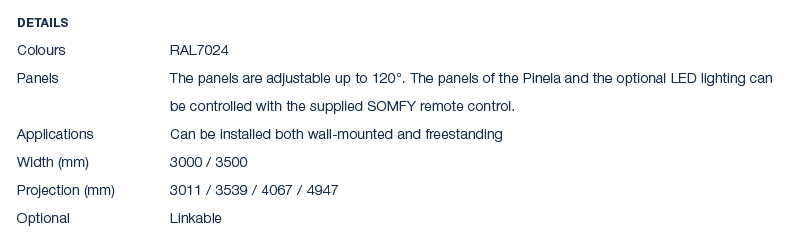 Details Colours RAL7024 Panels The panels are adjustable up to 120°. The panels of the Pinela and the optional LED li...