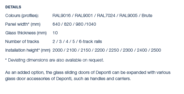 Details Colours (profiles): RAL9016 / RAL9001 / RAL7024 / RAL9005 / Brute Panel width* (mm) 640 / 820 / 980 /1040 Gla...
