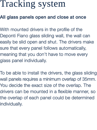 Tracking system All glass panels open and close at once With mounted drivers in the profile of the Deponti Fiano glas...